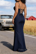 Satin Spaghetti Straps Dark Navy Prom Dress with Corset