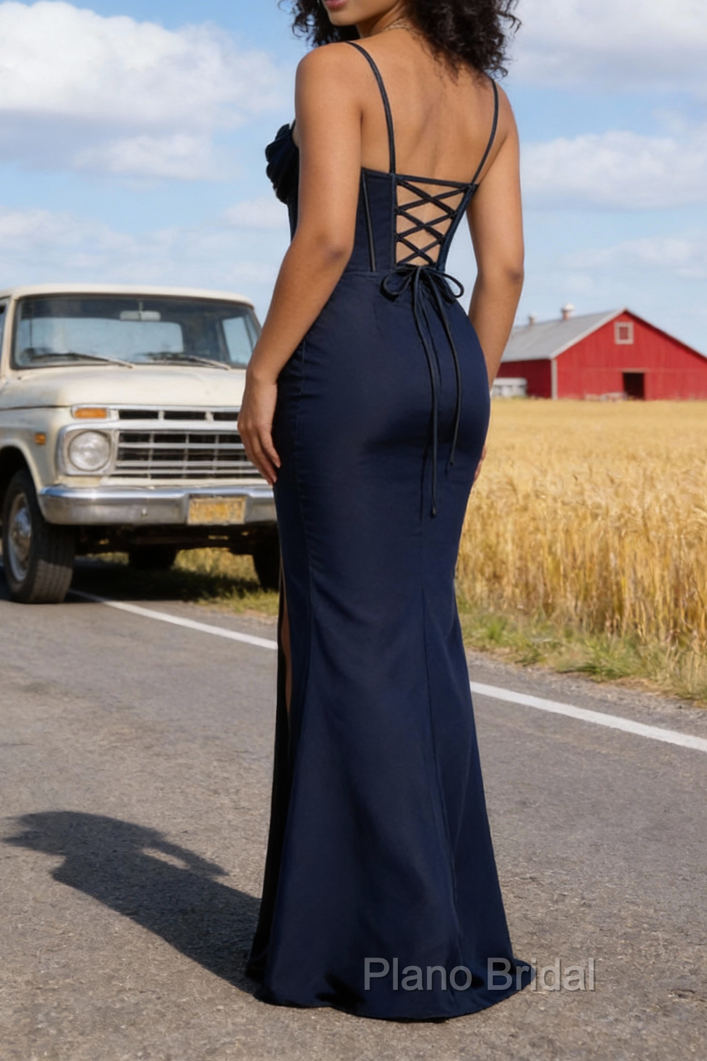 Satin Spaghetti Straps Dark Navy Prom Dress with Corset