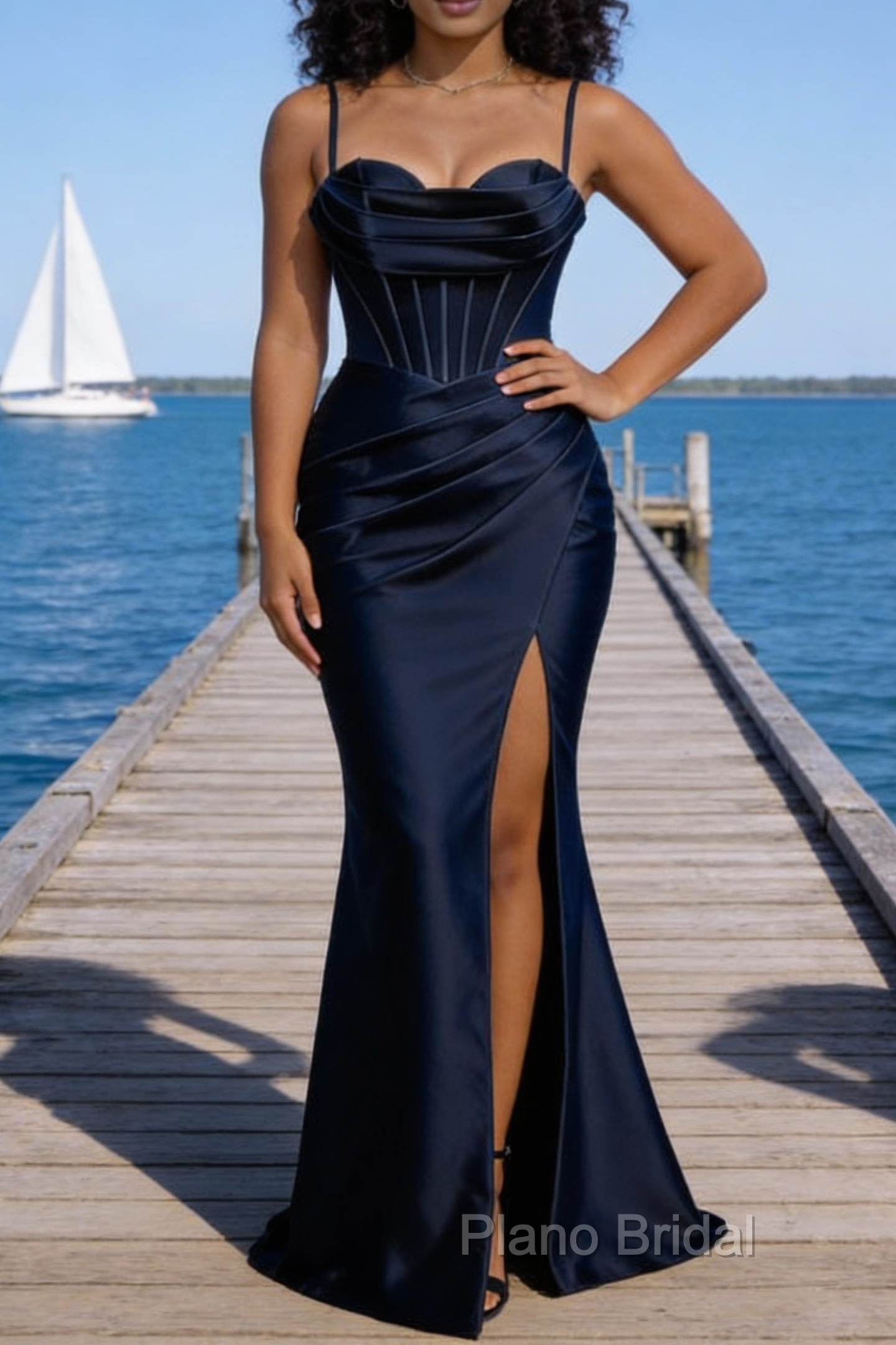 Satin Spaghetti Straps Dark Navy Prom Dress with Corset
