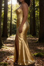 Satin Spaghetti Straps Gold Prom Dress with Corset