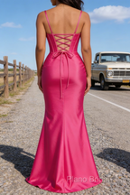 Satin Spaghetti Straps Hot Pink Prom Dress with Corset