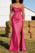 Satin Spaghetti Straps Hot Pink Prom Dress with Corset
