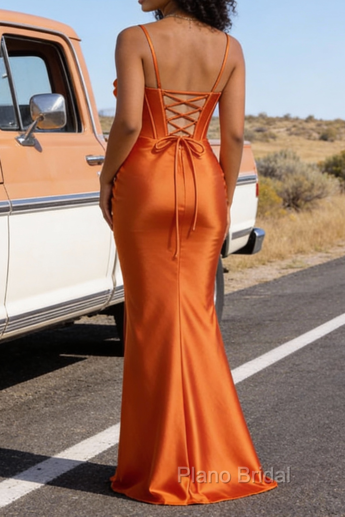 Satin Spaghetti Straps Orange Prom Dress with Corset