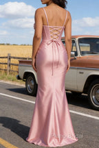 Satin Spaghetti Straps Pink Prom Dress with Corset