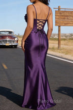 Satin Spaghetti Straps Purple Prom Dress with Corset