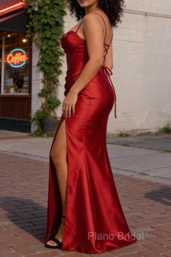 Satin Spaghetti Straps Red Prom Dress with Corset
