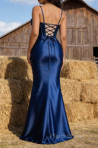 Satin Spaghetti Straps Royal Blue Prom Dress with Corset