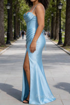Satin Spaghetti Straps Sky Blue Prom Dress with Corset
