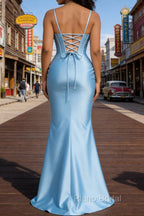 Satin Spaghetti Straps Sky Blue Prom Dress with Corset