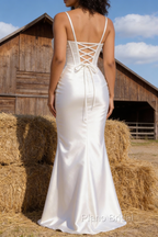 Satin Spaghetti Straps White Prom Dress with Corset