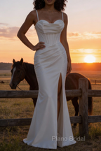 Satin Spaghetti Straps White Prom Dress with Corset