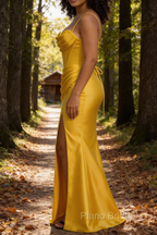 Satin Spaghetti Straps Yellow Prom Dress with Corset