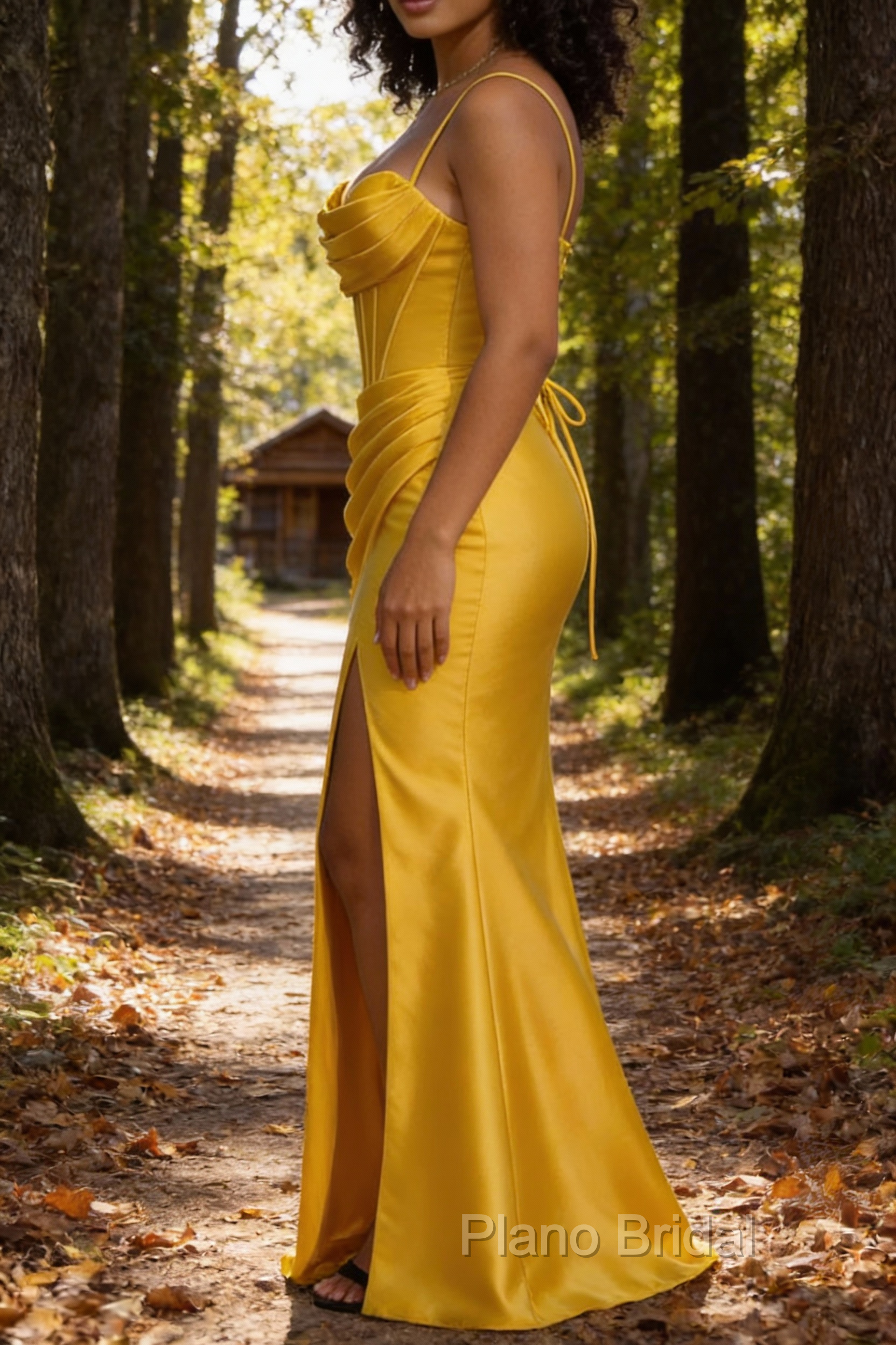 Satin Spaghetti Straps Yellow Prom Dress with Corset