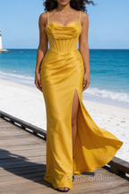 Satin Spaghetti Straps Yellow Prom Dress with Corset