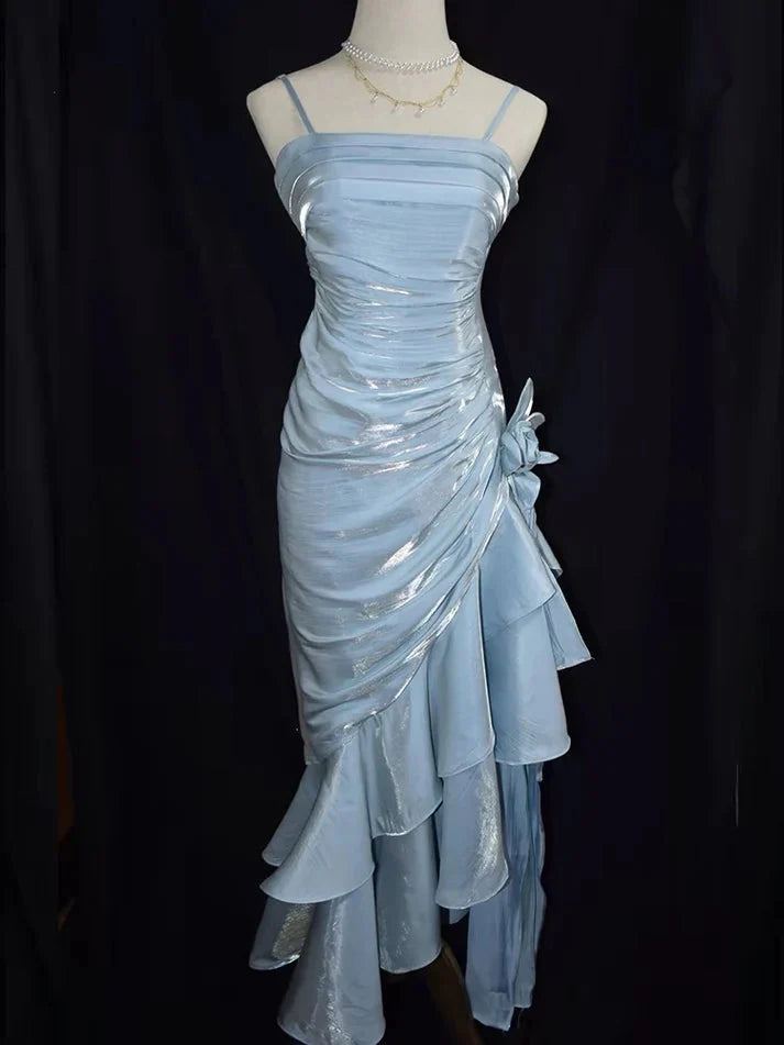 Green Retro Fashion Spaghetti Straps Long Irregular Ruffle Elegant Satin Ball Gown, Formal Evening Dresses, Party Dresses