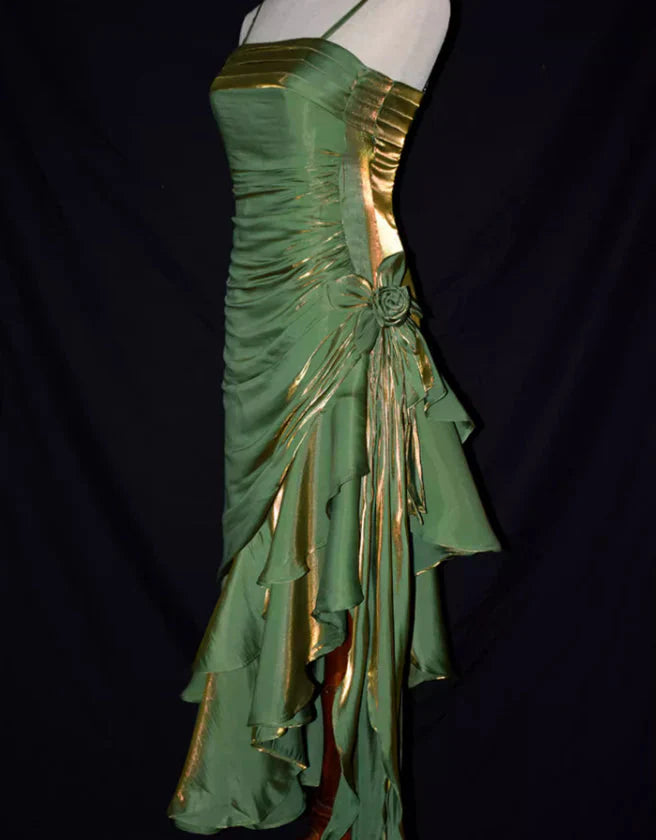 Green Retro Fashion Spaghetti Straps Long Irregular Ruffle Elegant Satin Ball Gown, Formal Evening Dresses, Party Dresses