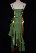 Green Retro Fashion Spaghetti Straps Long Irregular Ruffle Elegant Satin Ball Gown, Formal Evening Dresses, Party Dresses