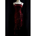 Green Retro Fashion Spaghetti Straps Long Irregular Ruffle Elegant Satin Ball Gown, Formal Evening Dresses, Party Dresses