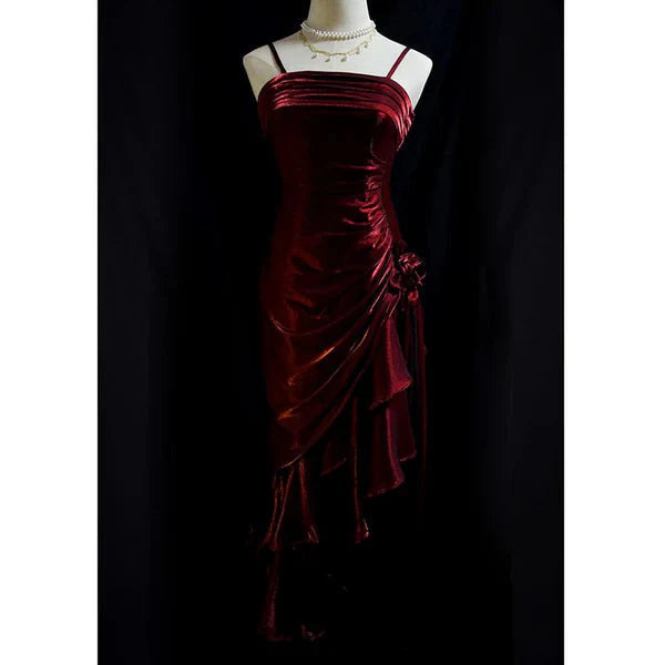 Green Retro Fashion Spaghetti Straps Long Irregular Ruffle Elegant Satin Ball Gown, Formal Evening Dresses, Party Dresses