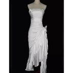 Green Retro Fashion Spaghetti Straps Long Irregular Ruffle Elegant Satin Ball Gown, Formal Evening Dresses, Party Dresses