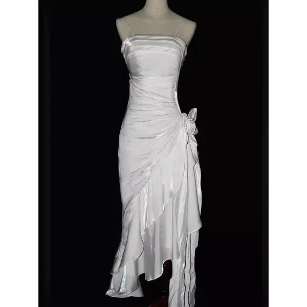 Green Retro Fashion Spaghetti Straps Long Irregular Ruffle Elegant Satin Ball Gown, Formal Evening Dresses, Party Dresses