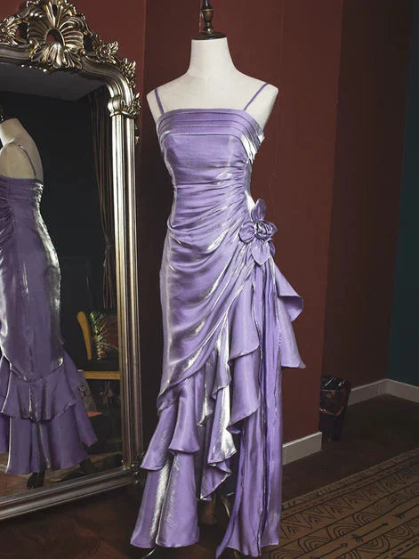 Green Retro Fashion Spaghetti Straps Long Irregular Ruffle Elegant Satin Ball Gown, Formal Evening Dresses, Party Dresses Main image
