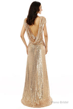 Scoop Backless Floor-length Sparkle Sequins Champagne Prom Dresses