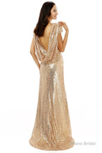 Scoop Backless Floor-length Sparkle Sequins Champagne Prom Dresses