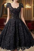 Scoop Knee-Length Cap Sleeves Ball Gown Lace Homecoming Dresses