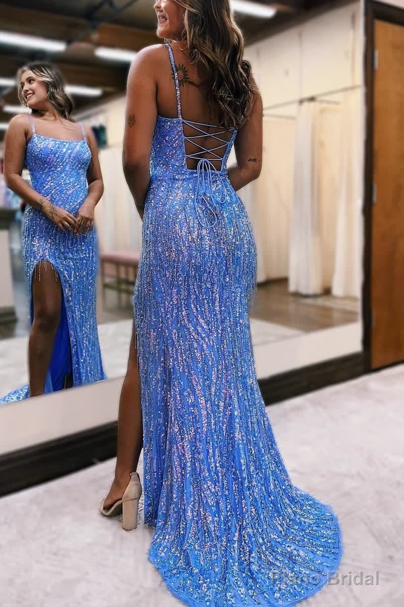 Scoop Neck Hot Pink Mermaid Sequins Long Prom Dresses with Beading Secondary image