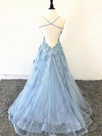 Scoop Neck Light Blue Backless Lace Formal Prom Dresses, Scoop Neck Blue Lace Formal Evening Dresses