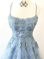 Scoop Neck Light Blue Backless Lace Formal Prom Dresses, Scoop Neck Blue Lace Formal Evening Dresses