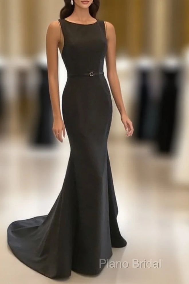 Scoop Neck Long Black Satin Mermaid Formal Dresses