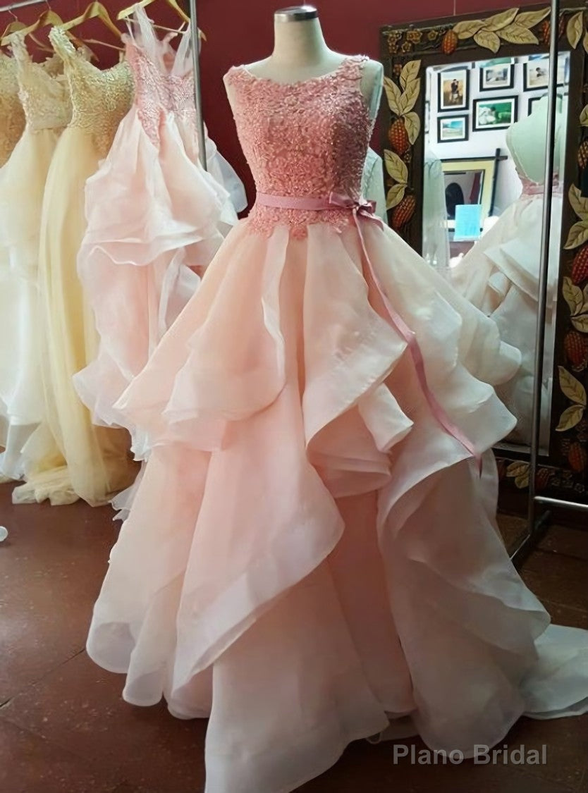 Scoop Neckline Pink Organza Prom Dresses Long with Bow Belt Party Dresses Main image