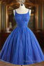 Scoop Neckline Royal Blue Party Dresses, A-Line Spaghetti Strap Short Formal Dresses
