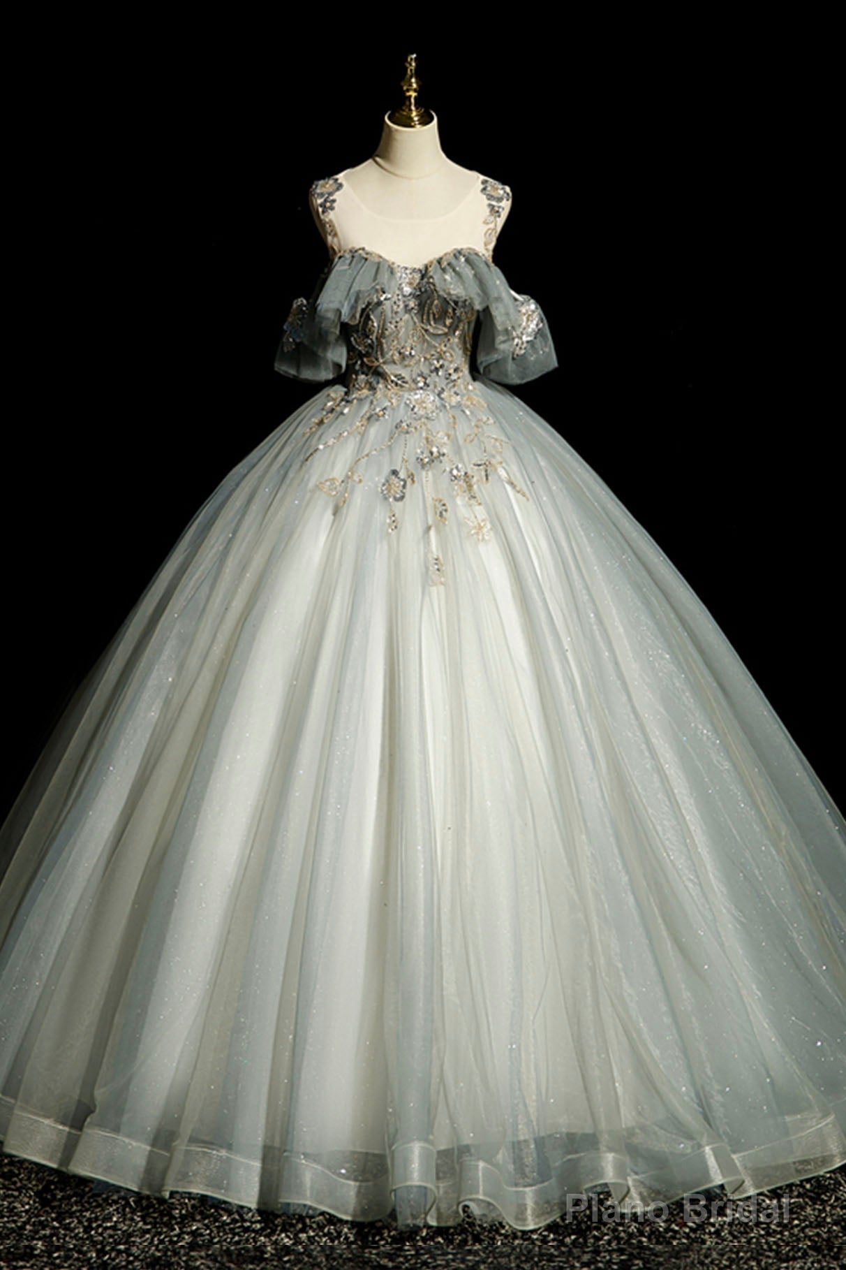 Scoop Neckline Tulle Long Formal Dress with Beaded, A-Line Evening Dress