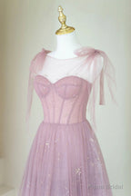 Scoop Neckline Tulle Pink Long Prom Dress, Cute A-Line Evening Party Dress