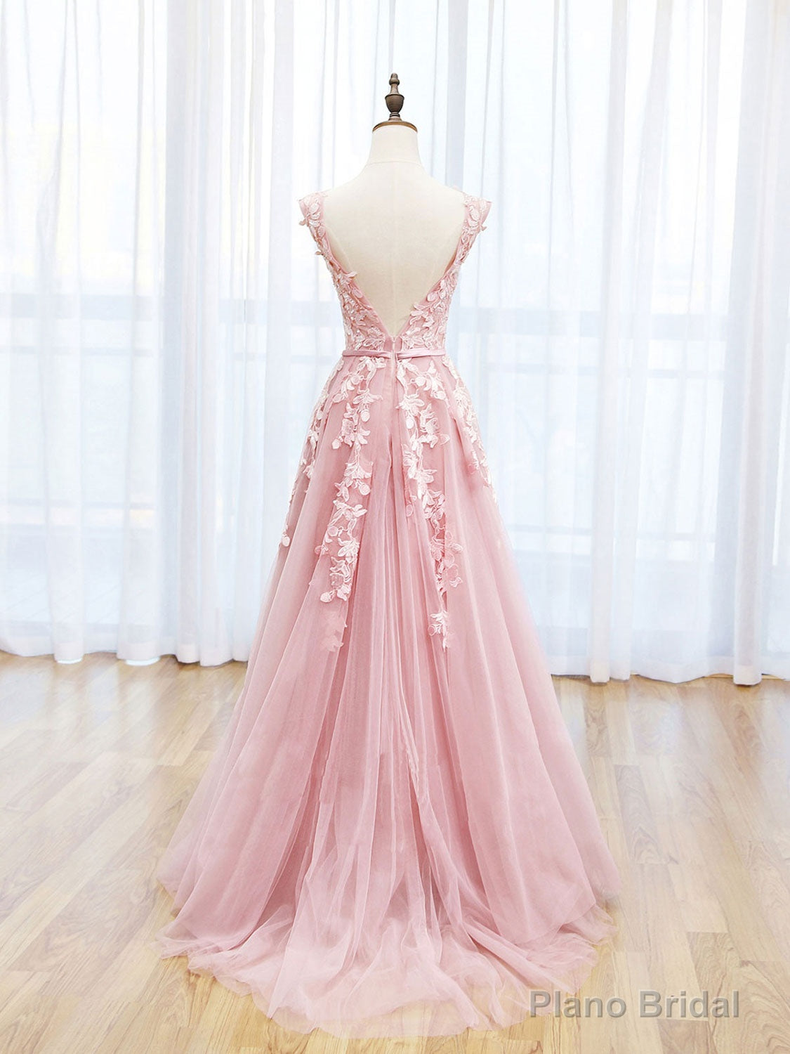 Scoop Neckline Tulle Pink Long Prom Dress, Pink Backless Evening Dresses Secondary image
