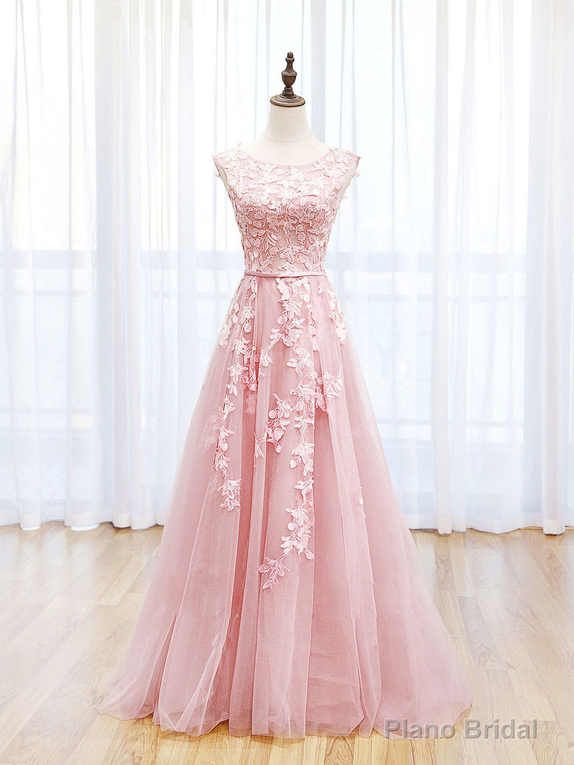 Scoop Neckline Tulle Pink Long Prom Dress, Pink Backless Evening Dresses