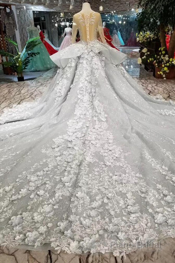 Gorgeous Lace Appliques Tulle Long Sleeves Monarch Train Ball Gown Wedding Dresses Main image