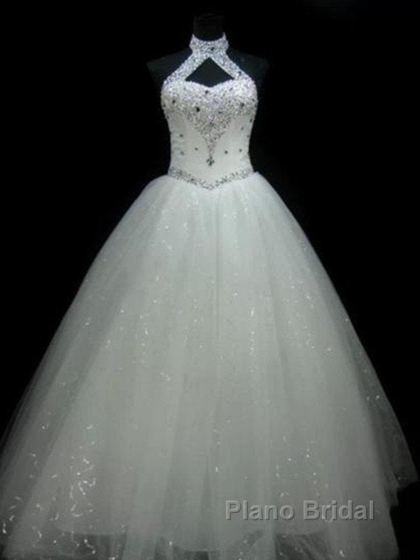 Sequin Ball Gown Sleeveless Floor Length Beading Tulle Halter Wedding Dresses Secondary image