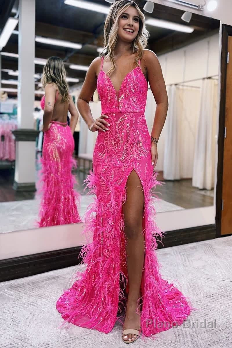 Sequin Lace V Neck Mermaid Prom Dresses with Slit