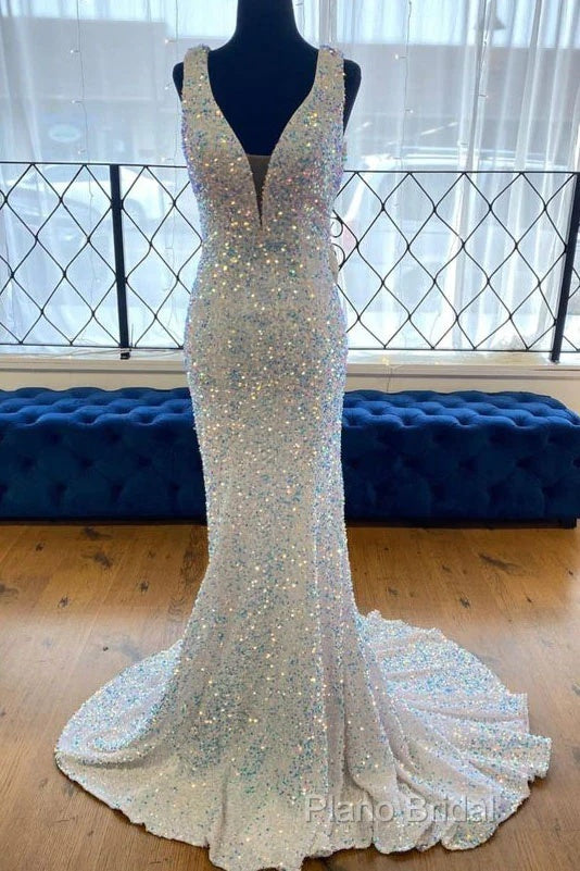 Sequin White Iridescent Formal Dresses Cheap V Neck Sleeveless Formal Prom Dresses Uk