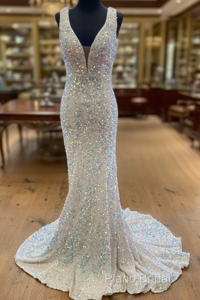 Sequin White Iridescent Formal Dresses Cheap V Neck Sleeveless Formal Prom Dresses Uk Main image