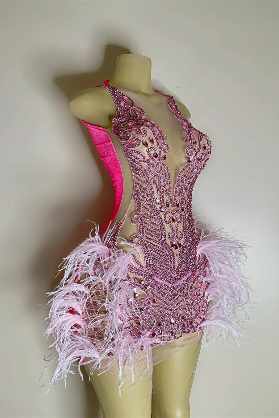 Sequined Mermaid Jewel Jersey Beading Sleeveless Mini Rhinestone Party Dress With Feather Secondary image