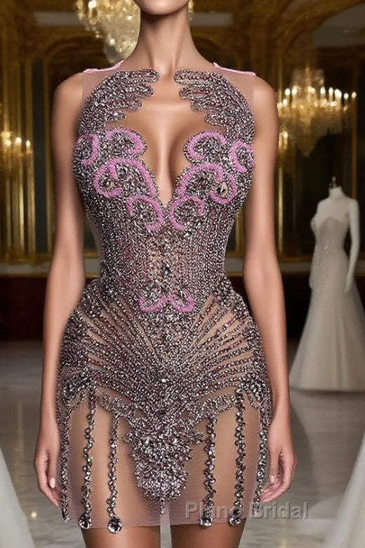 Sequined Mermaid Jewel Jersey Beading Sleeveless Mini Rhinestone Party Dress