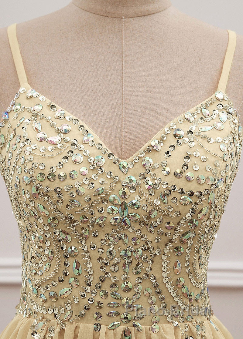 Sequined  Spaghetti Straps Chiffon Long Formal Prom Dresses