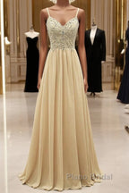 Sequined  Spaghetti Straps Chiffon Long Formal Prom Dresses