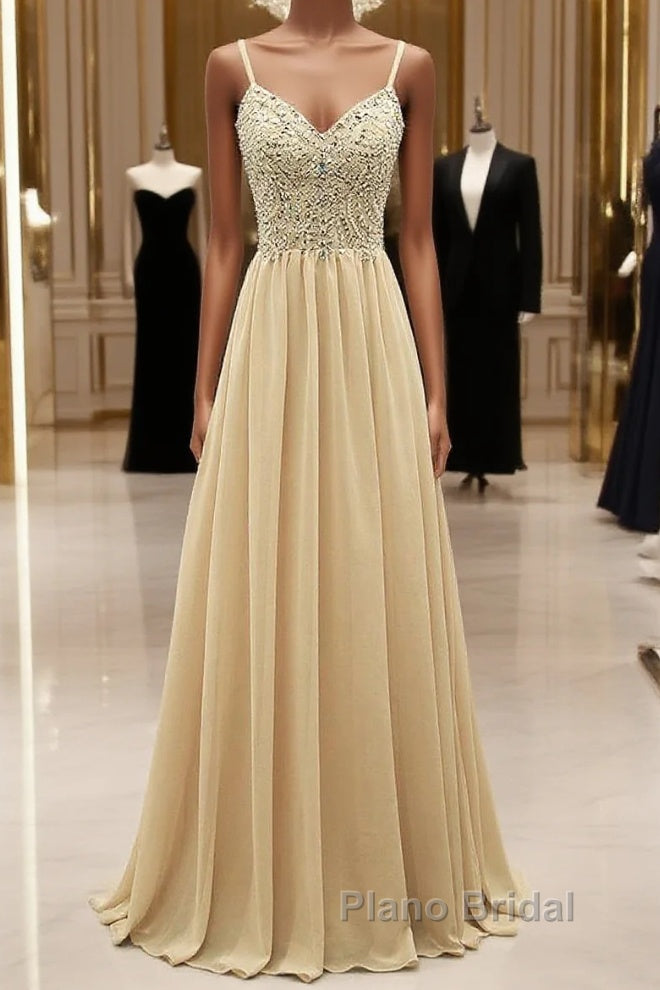 Sequined  Spaghetti Straps Chiffon Long Formal Prom Dresses
