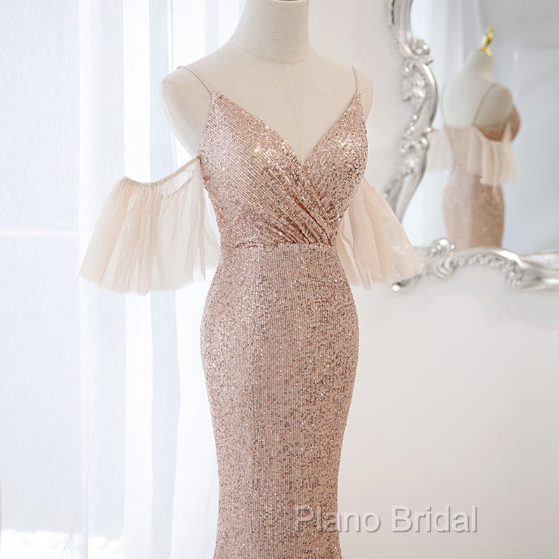 Sequins And Tulle Mermaid Long Party Dresses Formal Prom Dresses, Off Shoulder Formal Dresses